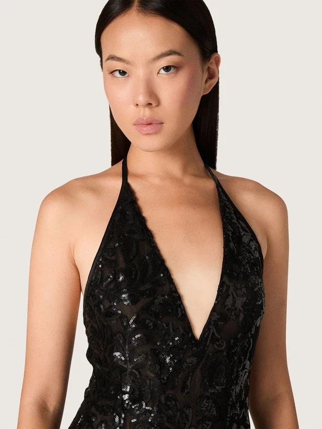 Rochie lungă de damă din tul cu broderie florală din paiete negre