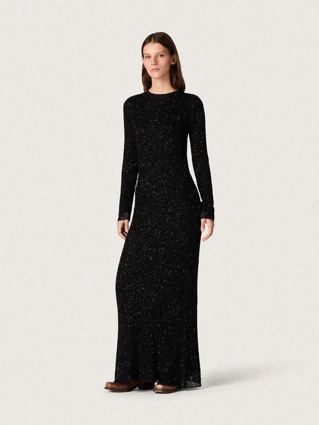 Rochie lungă pentru femei din plasă neagră cu paiete negre