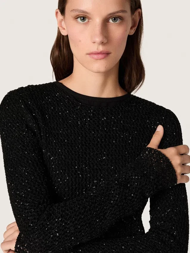 Rochie lungă pentru femei din plasă neagră cu paiete negre
