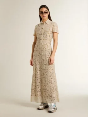 Rochie midi pentru femei din dantelă transparentă de culoare crem