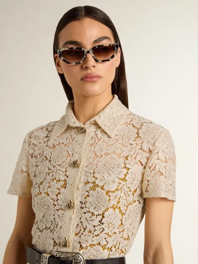 Rochie midi pentru femei din dantelă transparentă de culoare crem