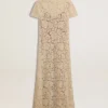 Rochie midi pentru femei din dantelă transparentă de culoare crem