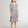 Rochie midi pentru fete din amestec de bumbac cu dungi și broderii
