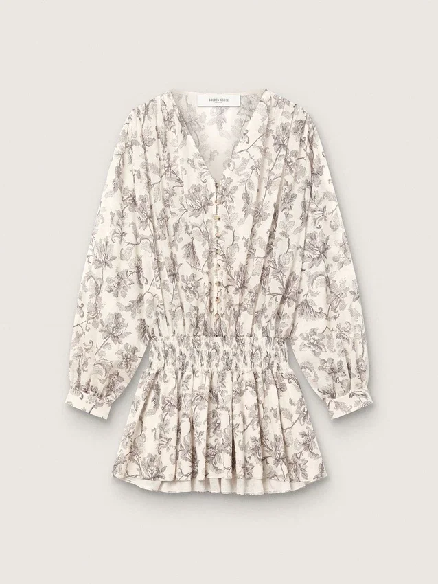 Rochie mini din bumbac pentru femei, cu imprimeu floral alb-negru