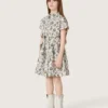 Rochie pentru fete „Journey” din pânză de bumbac albă cu imprimeu floral verde
