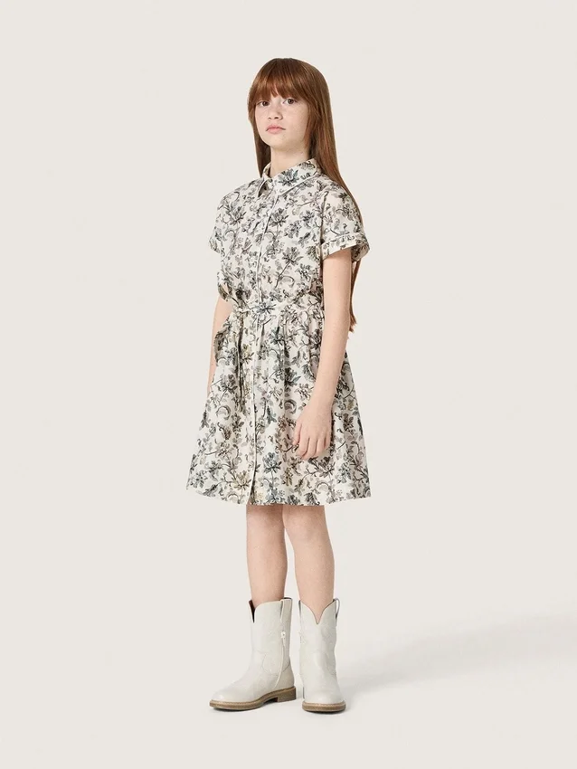 Rochie pentru fete „Journey” din pânză de bumbac albă cu imprimeu floral verde