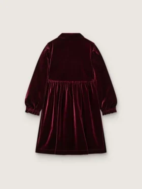 Rochie pentru fete în nuanța burgund, cu efect de catifea și broderie pe partea din față