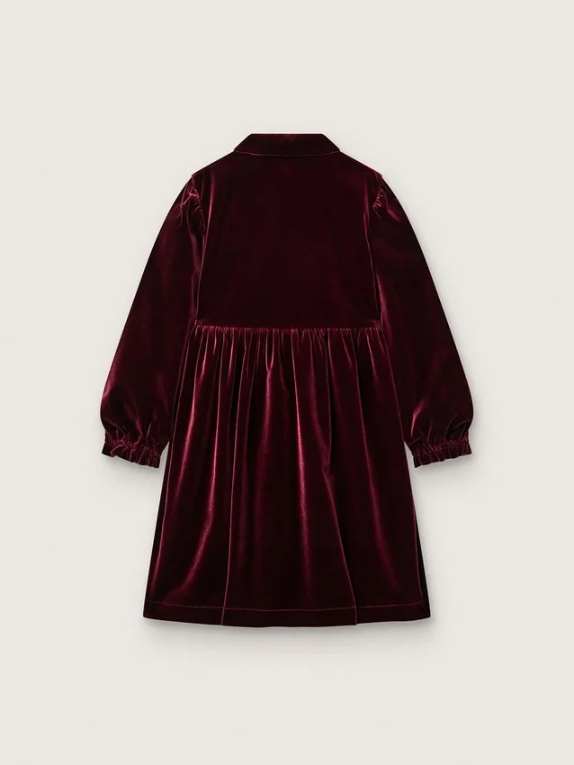 Rochie pentru fete în nuanța burgund, cu efect de catifea și broderie pe partea din față