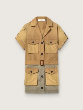 Rochie safari pentru femei din bumbac bej și verde militar, cu buzunare maxi