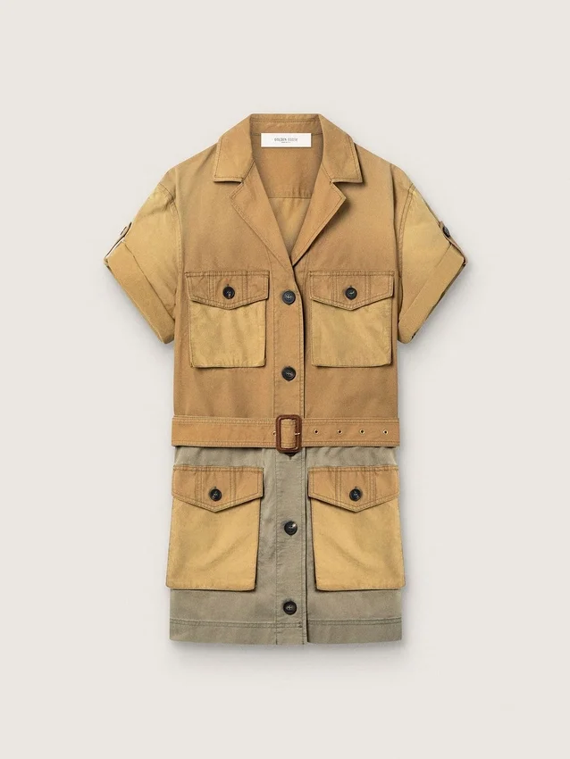 Rochie safari pentru femei din bumbac bej și verde militar, cu buzunare maxi