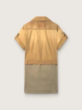Rochie safari pentru femei din bumbac bej și verde militar, cu buzunare maxi