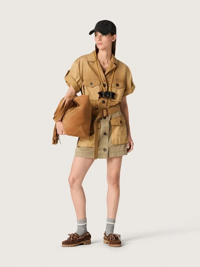 Rochie safari pentru femei din bumbac bej și verde militar, cu buzunare maxi