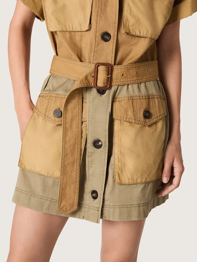 Rochie safari pentru femei din bumbac bej și verde militar, cu buzunare maxi
