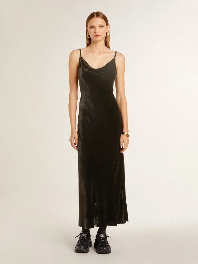 Rochie slip neagră pentru femei, cu efect de catifea