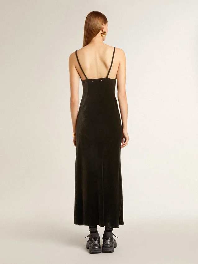 Rochie slip neagră pentru femei, cu efect de catifea