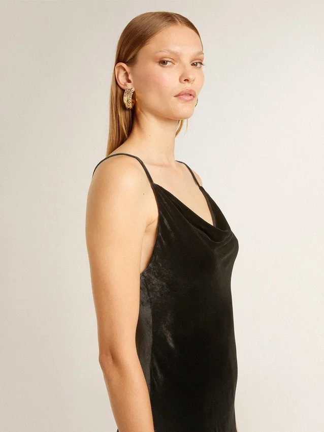 Rochie slip neagră pentru femei, cu efect de catifea
