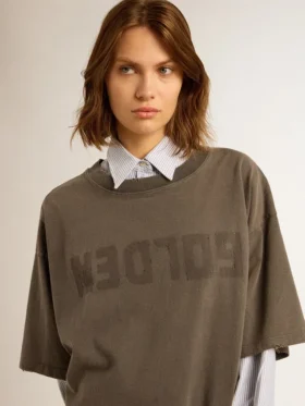 Rochie-tricou gri pentru femei, cu finisaj uzat