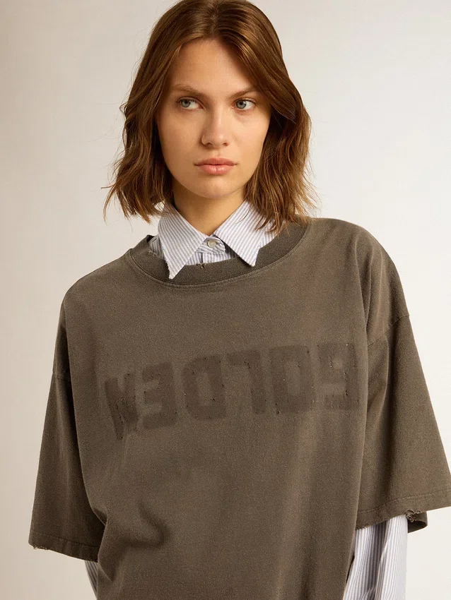 Rochie-tricou gri pentru femei, cu finisaj uzat