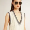 Rochie-vestă din bumbac alb uzat pentru femei, cu borduri albastru închis și cristale