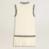 Rochie-vestă din bumbac alb uzat pentru femei, cu borduri albastru închis și cristale