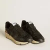 Running Sole pentru femei, cu talpă neagră cu sclipici, stea din piele și bandă din nubuc la călcâi