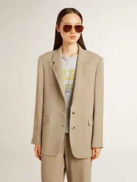 Sacou bej cu dungi subțiri, cu un singur rând de nasturi, pentru femei, cu croială oversized