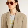 Sacou bej cu dungi subțiri, cu un singur rând de nasturi, pentru femei, cu croială oversized