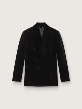 Sacou bărbătesc cu două rânduri de nasturi, din catifea neagră, cu revere din satin negru
