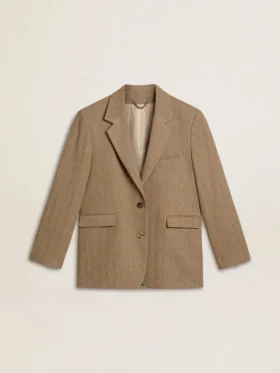 Sacou pentru femei cu un singur rând de nasturi, în model herringbone de culoare nisip