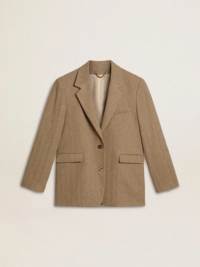 Sacou pentru femei cu un singur rând de nasturi, în model herringbone de culoare nisip