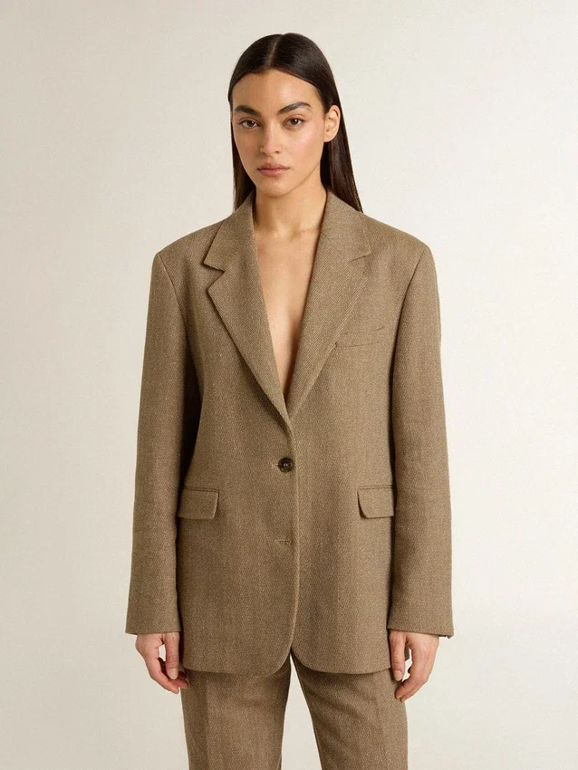 Sacou pentru femei cu un singur rând de nasturi, în model herringbone de culoare nisip