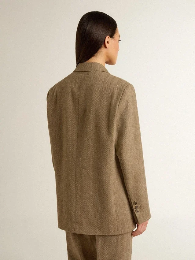 Sacou pentru femei cu un singur rând de nasturi, în model herringbone de culoare nisip