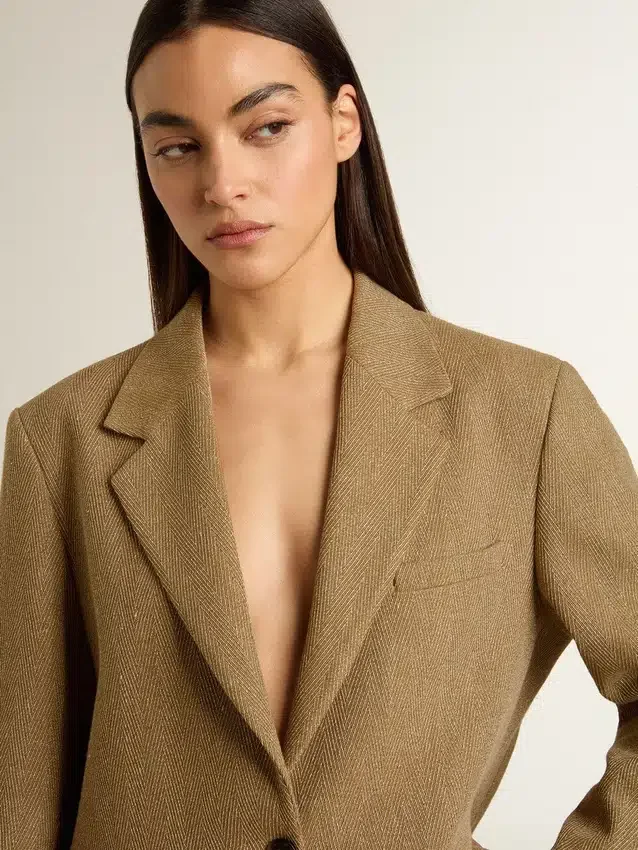 Sacou pentru femei cu un singur rând de nasturi, în model herringbone de culoare nisip