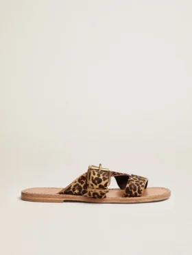 Sandale plate Margaret pentru femei din piele de ponei cu imprimeu leopard