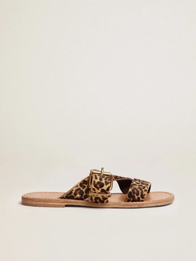 Sandale plate Margaret pentru femei din piele de ponei cu imprimeu leopard