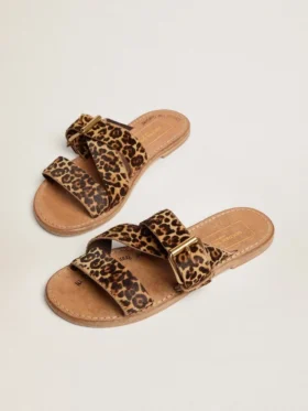 Sandale plate Margaret pentru femei din piele de ponei cu imprimeu leopard