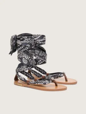 Sandale plate pentru femei cu model paisley albastru închis și detaliu cu bijuterie