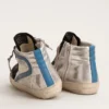 Slide din piele metalizată argintie cu stea din piele albă