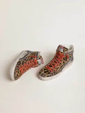 Slide LTD pentru femei din piele de ponei cu imprimeu leopard, cu stea din piele metalizată și detalii strălucitoare