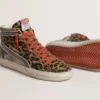 Slide LTD pentru femei din piele de ponei cu imprimeu leopard, cu stea din piele metalizată și detalii strălucitoare