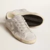 Sneakersi Super-Star din piele cu efect de sclipici gri-alb, cu stea din piele