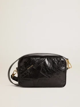 Star Bag din piele neagră lucioasă cu stea ton pe ton