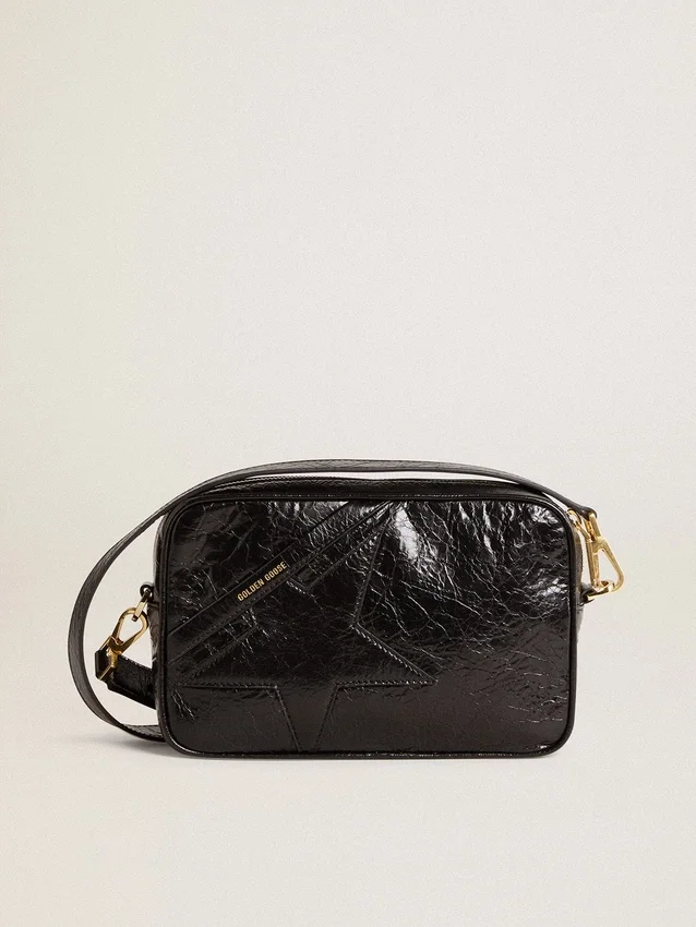 Star Bag din piele neagră lucioasă cu stea ton pe ton