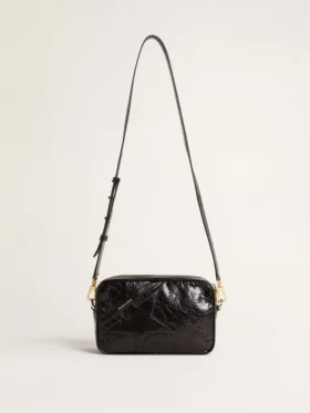 Star Bag din piele neagră lucioasă cu stea ton pe ton