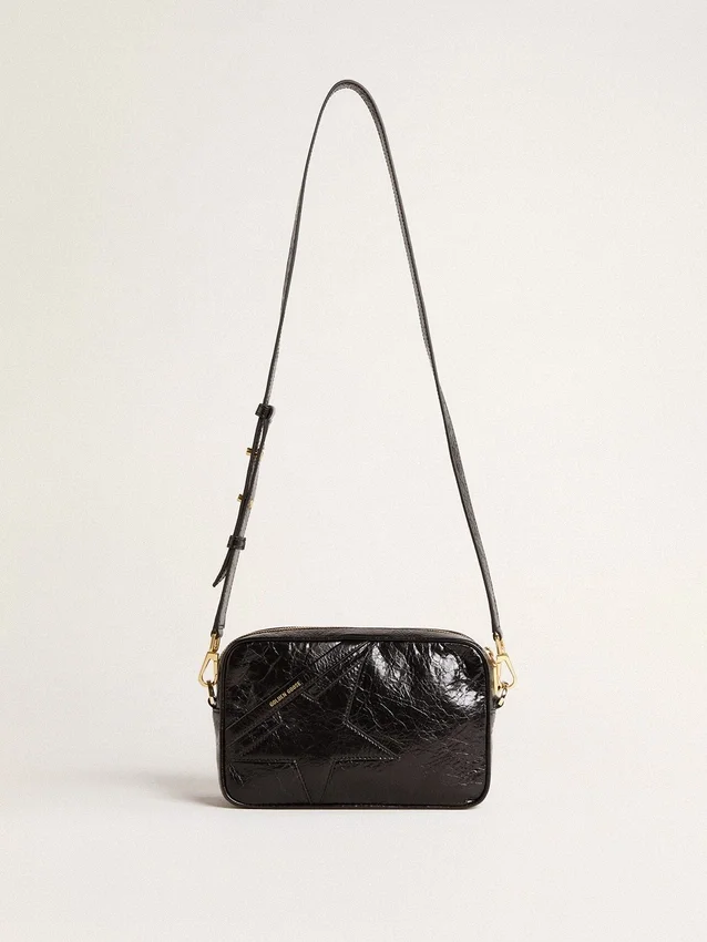 Star Bag din piele neagră lucioasă cu stea ton pe ton