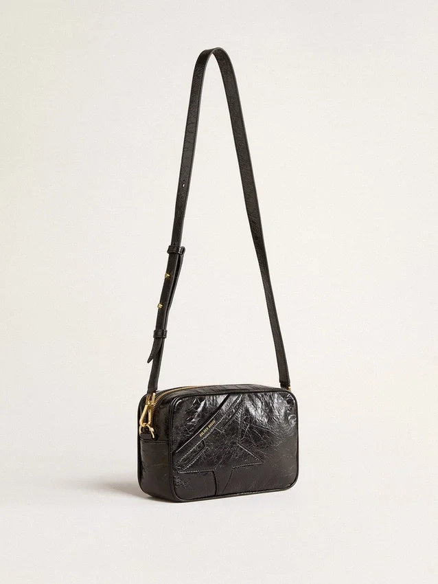 Star Bag din piele neagră lucioasă cu stea ton pe ton