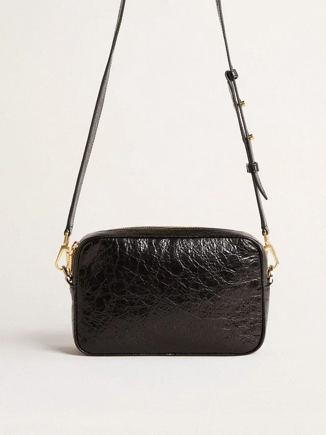 Star Bag din piele neagră lucioasă cu stea ton pe ton
