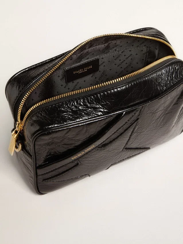 Star Bag din piele neagră lucioasă cu stea ton pe ton