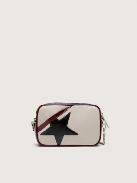 Star Bag mini din piele alb-unt, cu stea neagră și detalii în nuanțe de burgund și albastru închis
