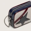 Star Bag mini din piele alb-unt, cu stea neagră și detalii în nuanțe de burgund și albastru închis